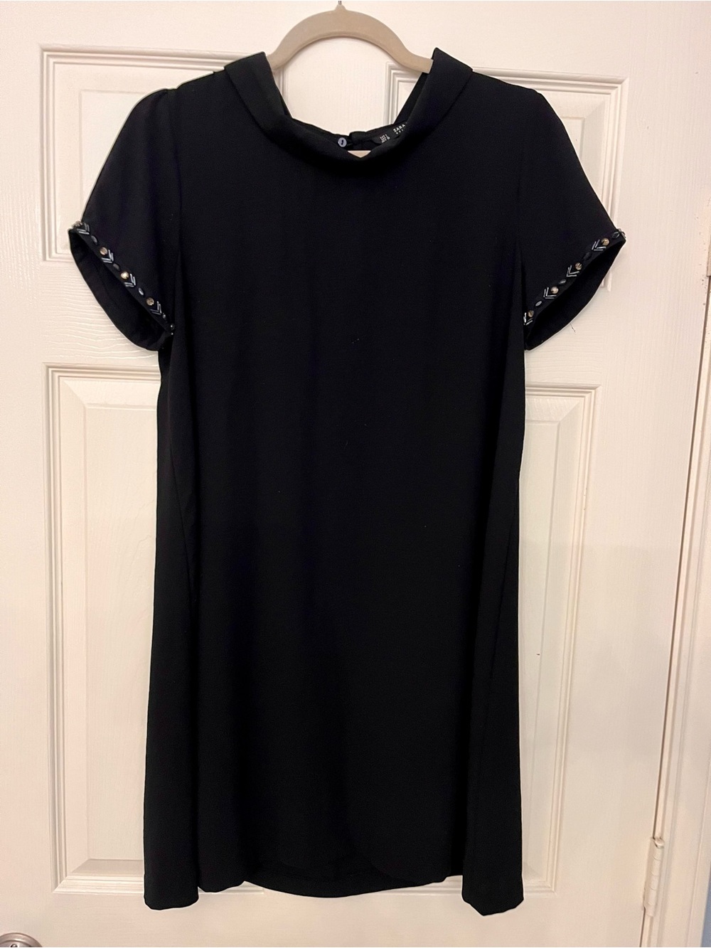 Zara Black Short-Sleeve Shift Dress with Beaded Trim